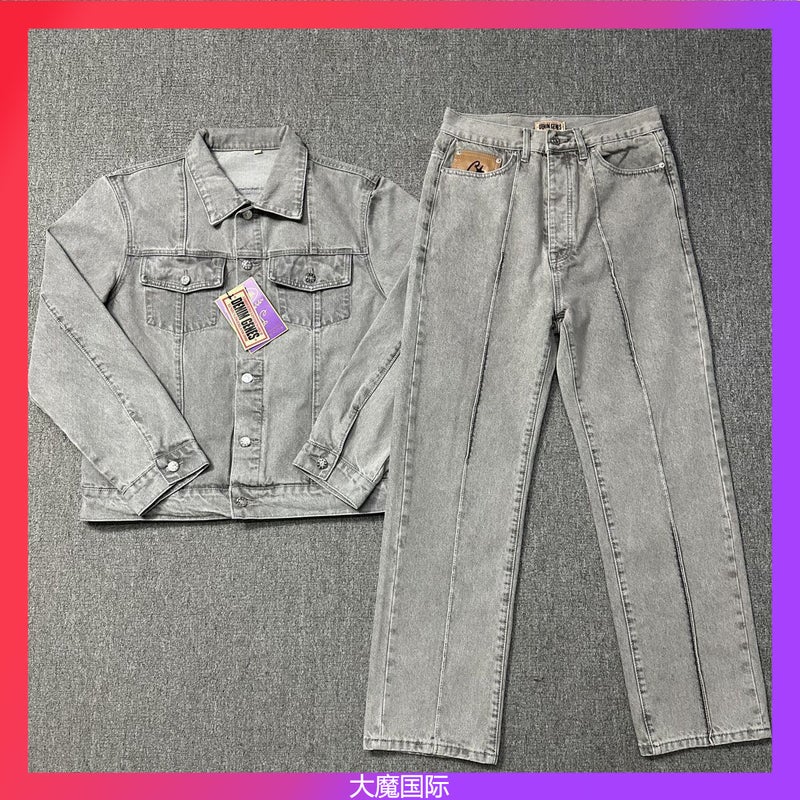 High Quality Corteiz Trendy Brand Alcatraz Logo Embroidery Unisex Casual Denim Jacket Suit - Image 2